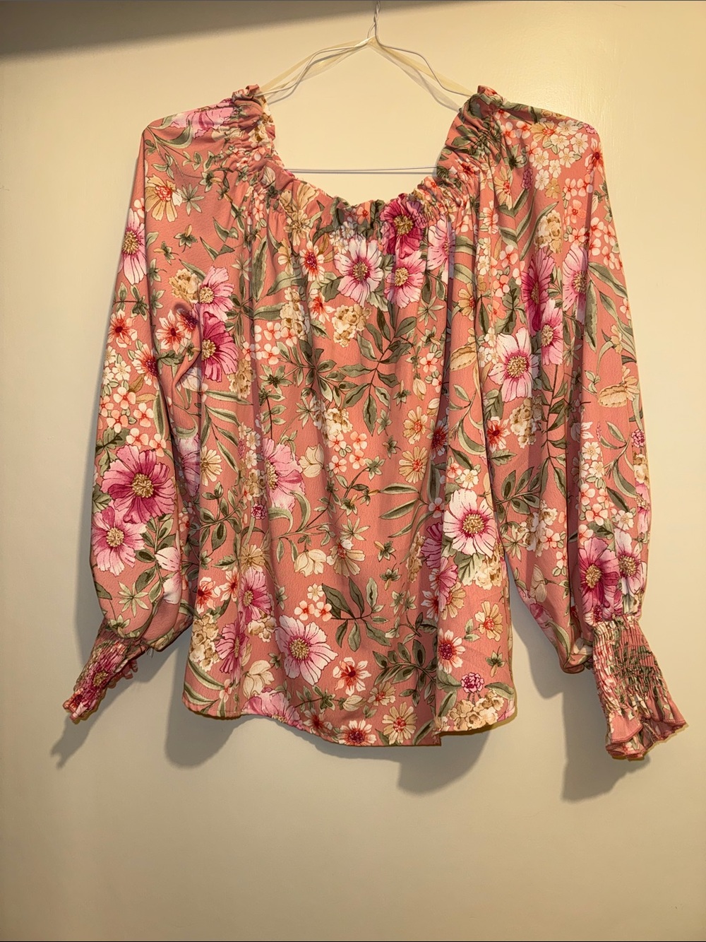 Floral Peach Off-the-Shoulder Smocked Cuff Blouse